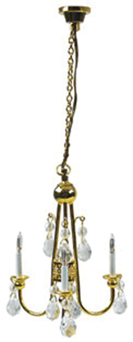 Dollhouse Miniature 3-Arm Brass, Crystal Chandelier